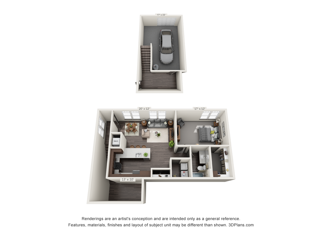 Floor plan for 1 bed, 1 bath, 862 sqft